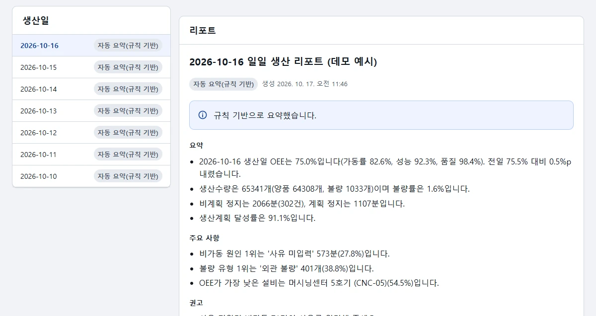 생산일 목록과 전날 OEE·생산 수량·비가동·불량을 요약한 일일 리포트 본문이 보이는 화면